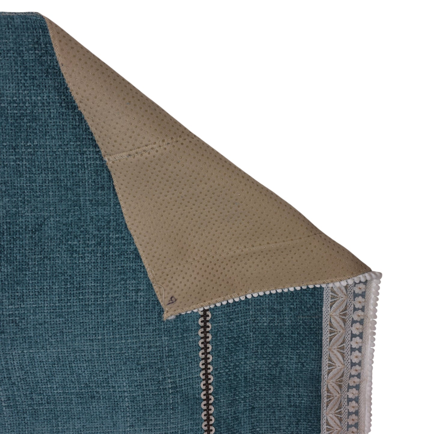 36 Inch Linen-Textured Teal Blue Sofa Cover with Embroidered Lace Border