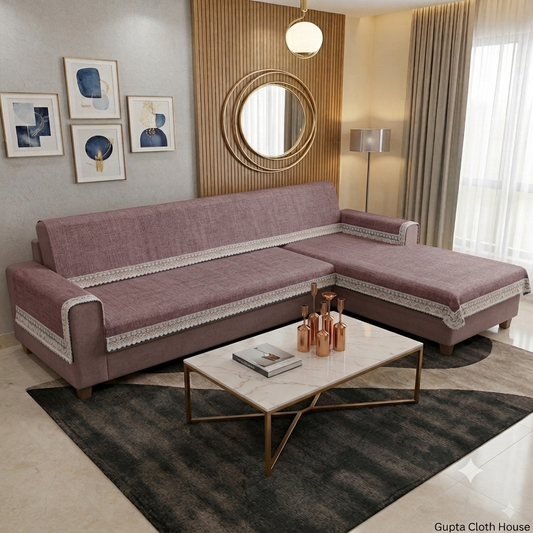 Elegant Mauve Textured Sofa Cover with Floral Lace Border (Mauve Pink) 27 inch