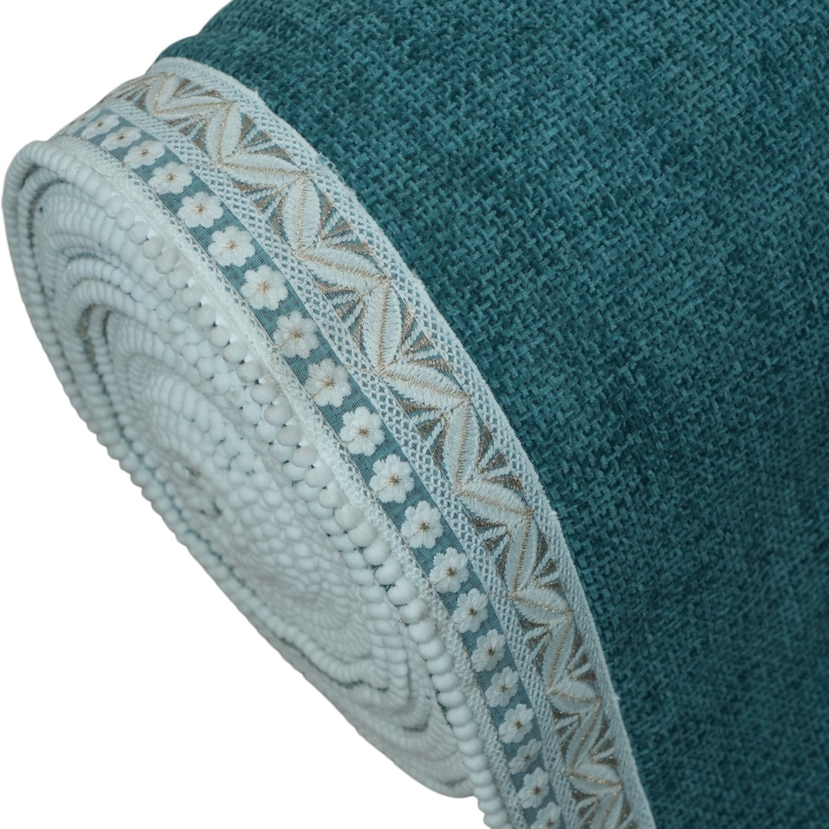 Elegant Teal Blue Textured Sofa Cover with Floral Lace Border (Teal Blue) 27 inch