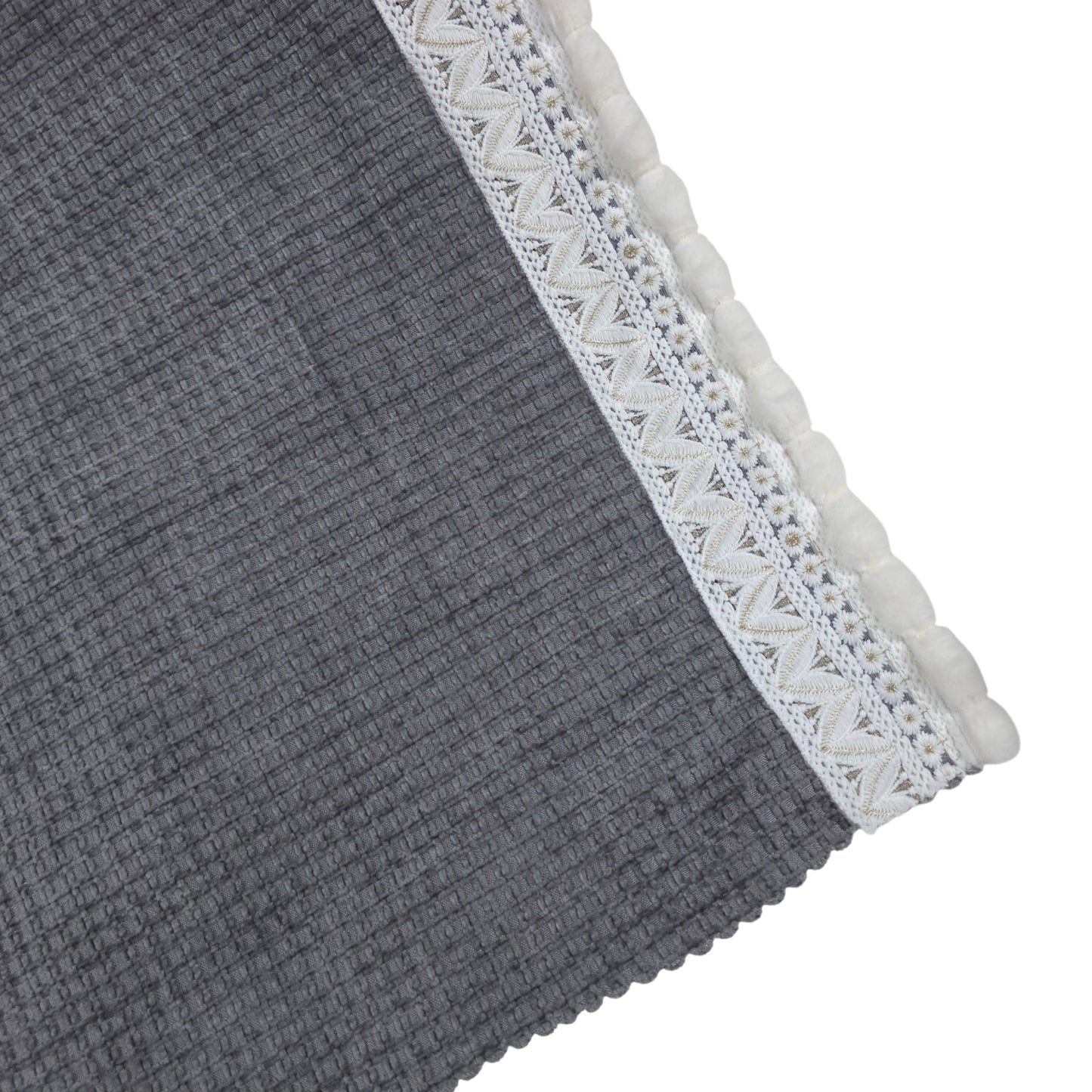 36 Inch Waffle Textured Grey Sofa Cover with Embroidered Lace Border (Grey)