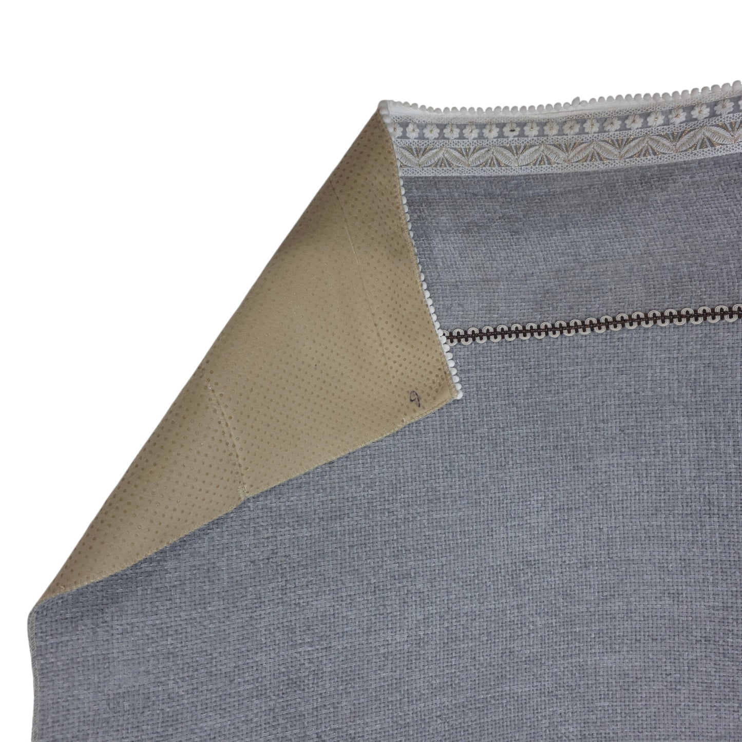 36 Inch Linen-Textured Grey Sofa Cover with Embroidered Lace Border