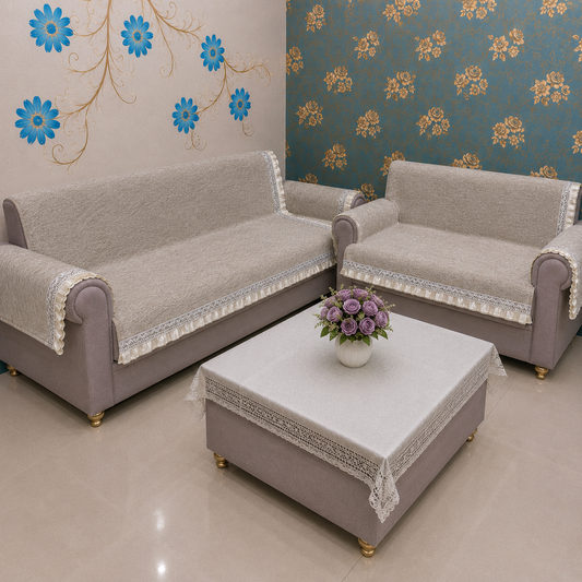 36 Inch Textured Shimmer Beige Sofa Cover with Embroidered Frill Border (Beige)