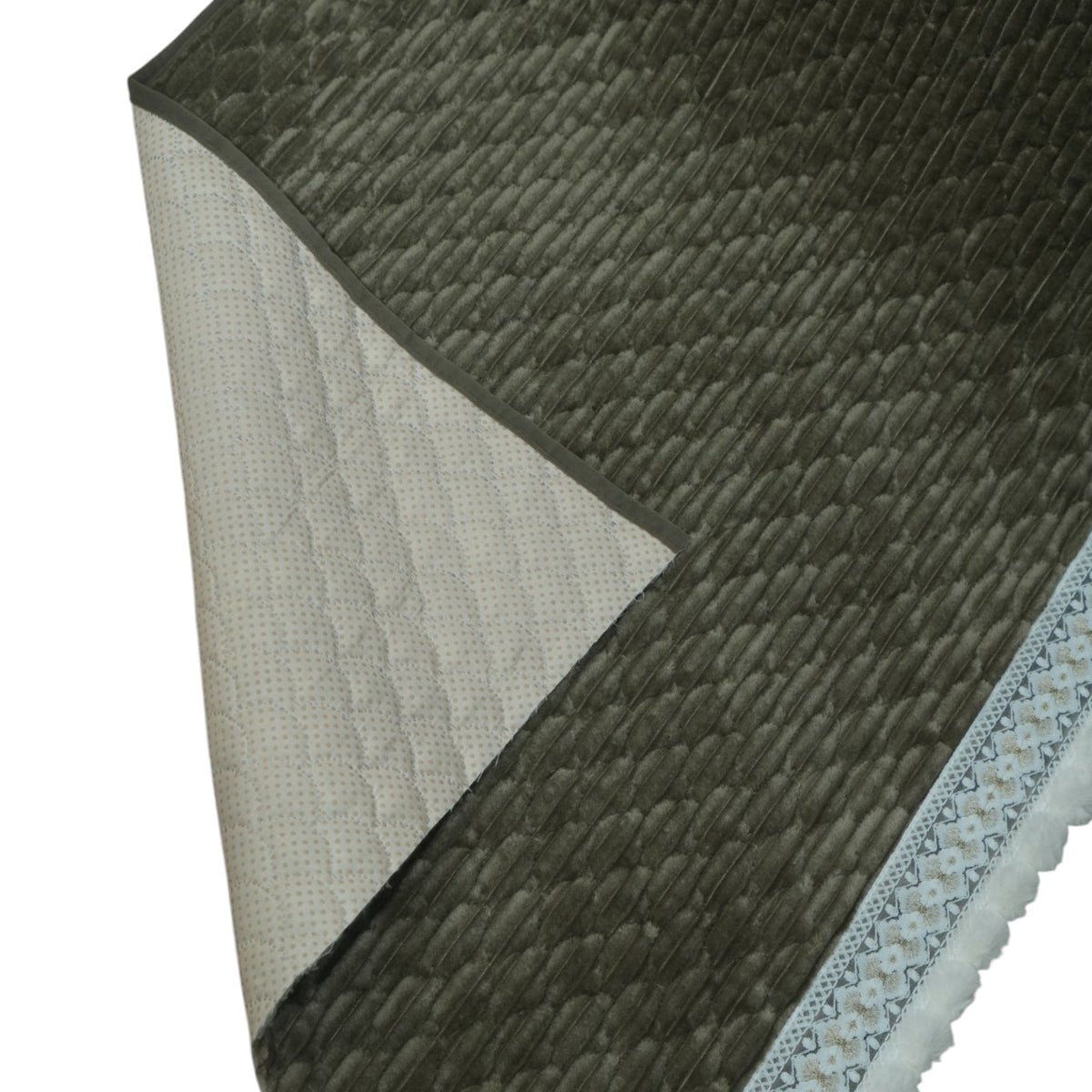 Royal Olive Green Corduroy Textured Sofa Cover with Pom-Pom Lace (Dark Olive Green) 27 inch