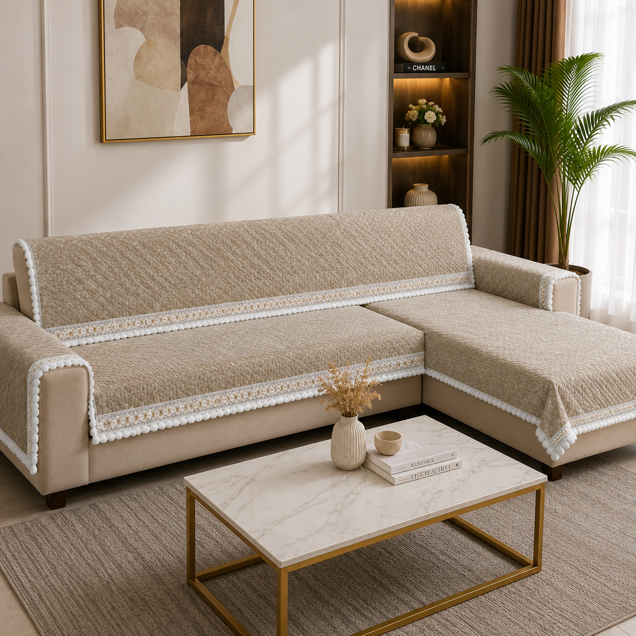 Classic Beige Corduroy Textured Sofa Cover with Pom-Pom Lace (Beige) 27 inch