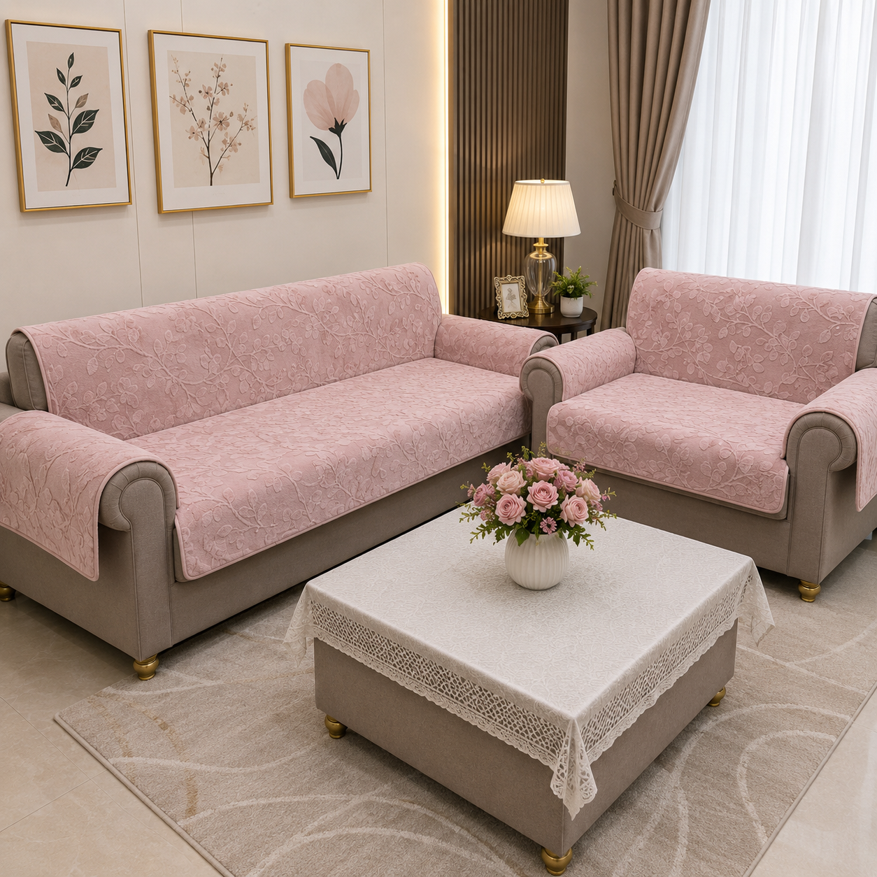 36 Inch Embossed Leaf Pattern Soft Fur Sofa Cover (Pink)