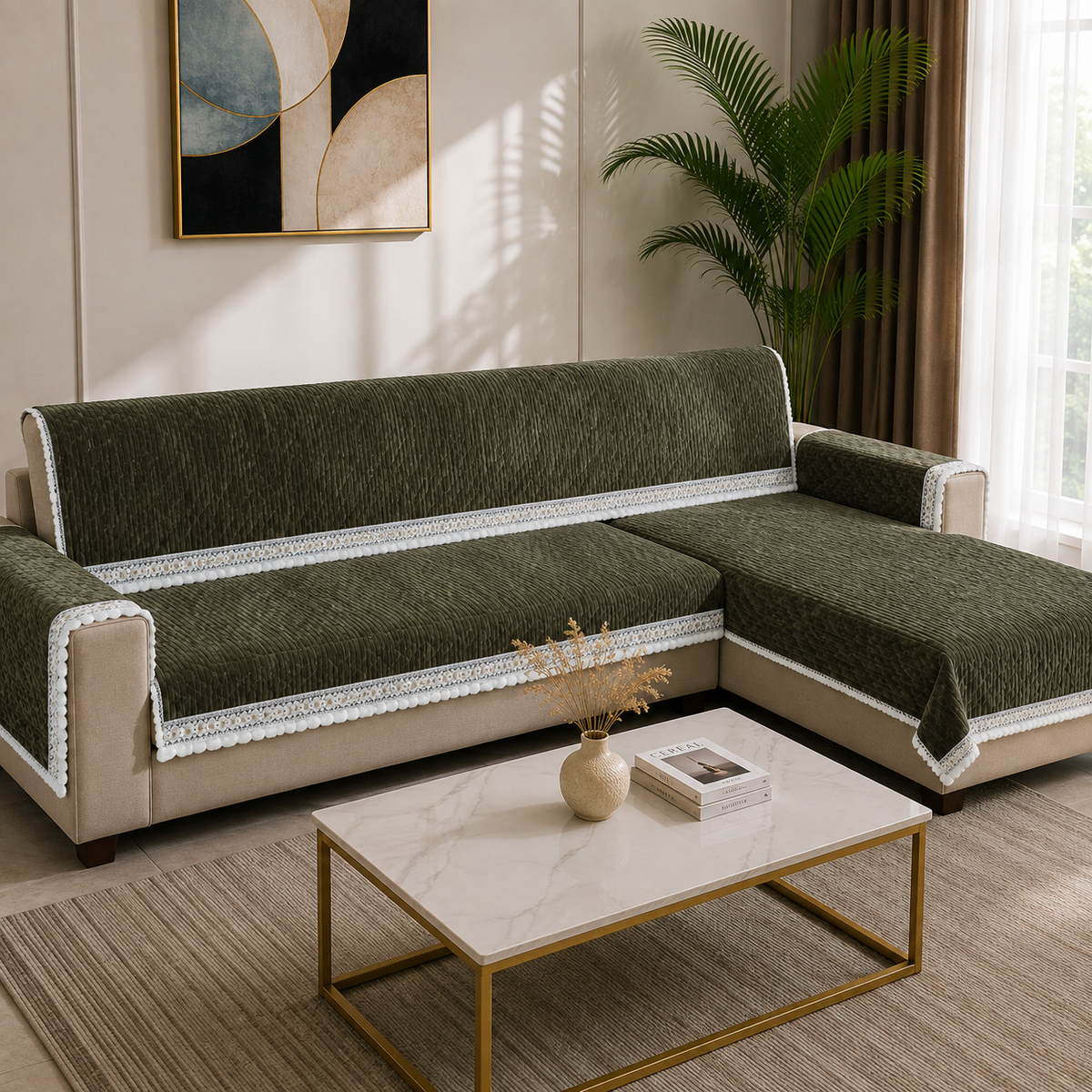 Royal Olive Green Corduroy Textured Sofa Cover with Pom-Pom Lace (Dark Olive Green) 27 inch