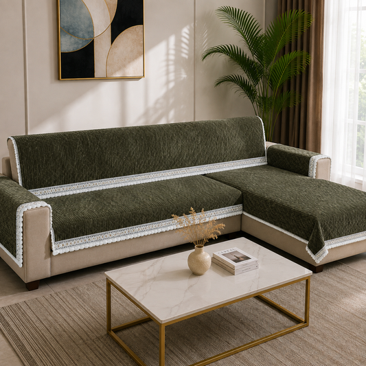 Royal Olive Green Corduroy Textured Sofa Cover with Pom-Pom Lace (Dark Olive Green) 27 inch