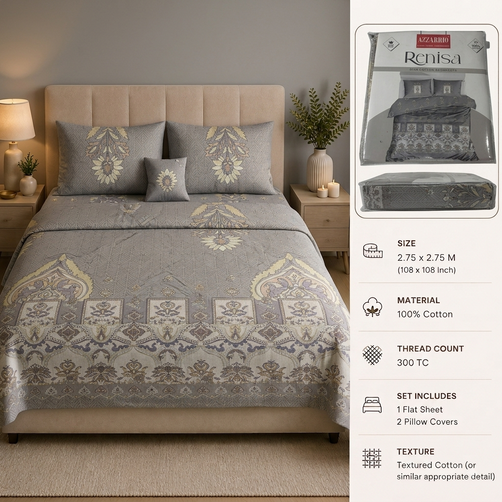 Azzarrio Renisa 300 TC Pure Cotton Luxury Printed Bedsheet Set