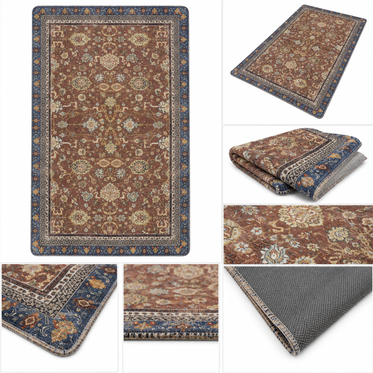 Premium Traditional Persian Style Soft Fur Anti-Skid Carpet 3×5 Feet (Rust Brown & Navy Blue)