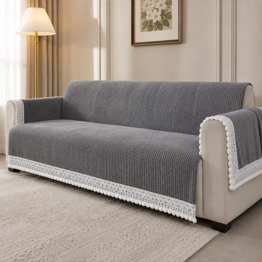 36 Inch Waffle Textured Grey Sofa Cover with Embroidered Lace Border (Grey)
