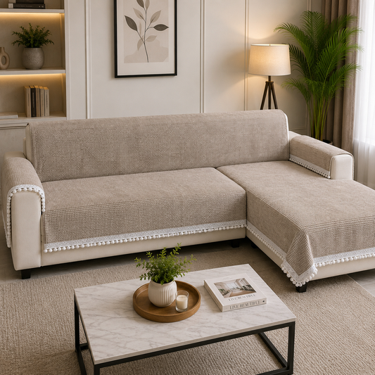 Elegant Light Grey Waffle Textured Sofa Cover with Floral Lace Border (Light Grey) 27 inch