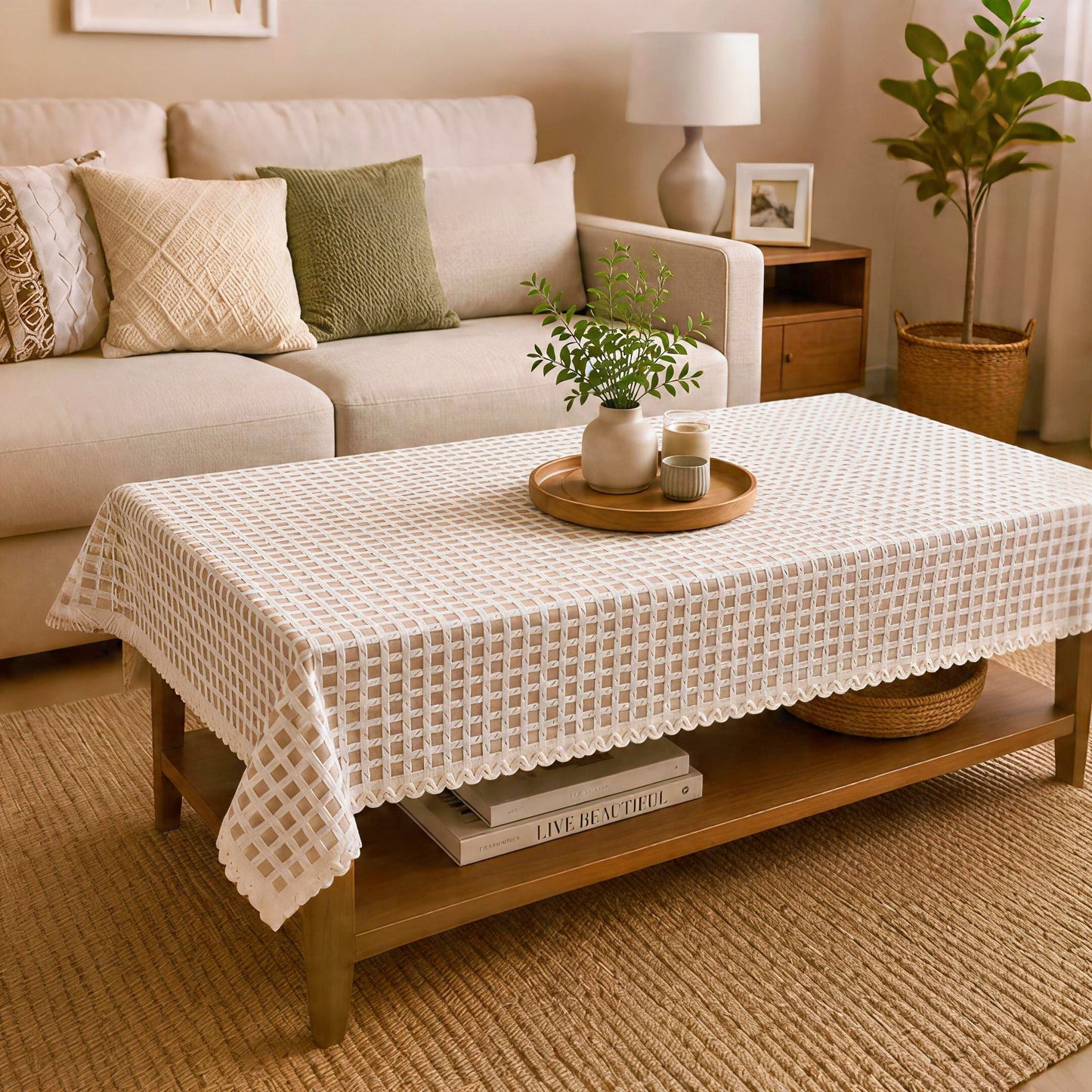 Textured Woven Grid Table Cover – Elegant Dining & Center Table Cloth (Beige & Brown)
