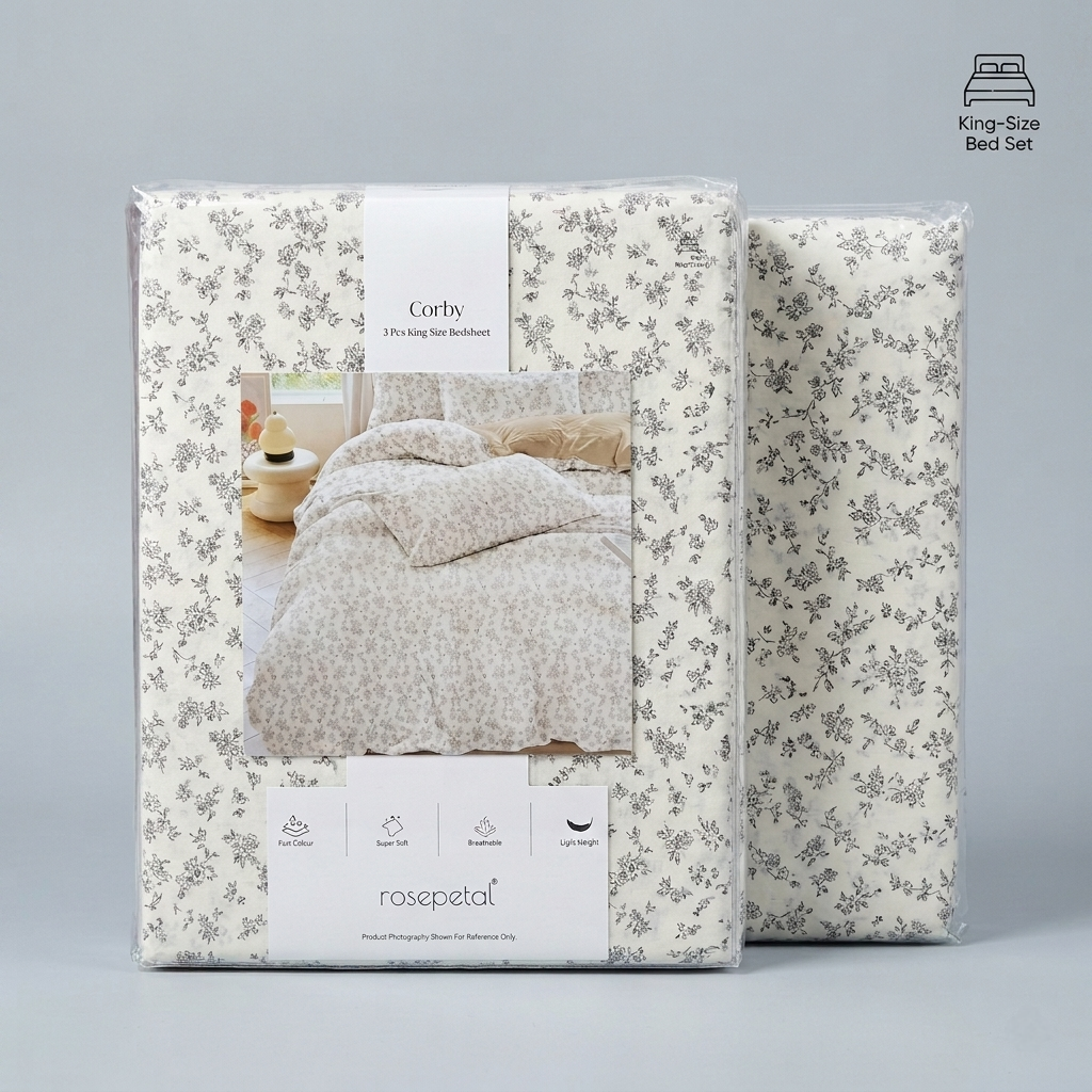Rosepetal Corby 3 Pcs King Size Bedsheet – Floral Pattern on Off-White Fabric