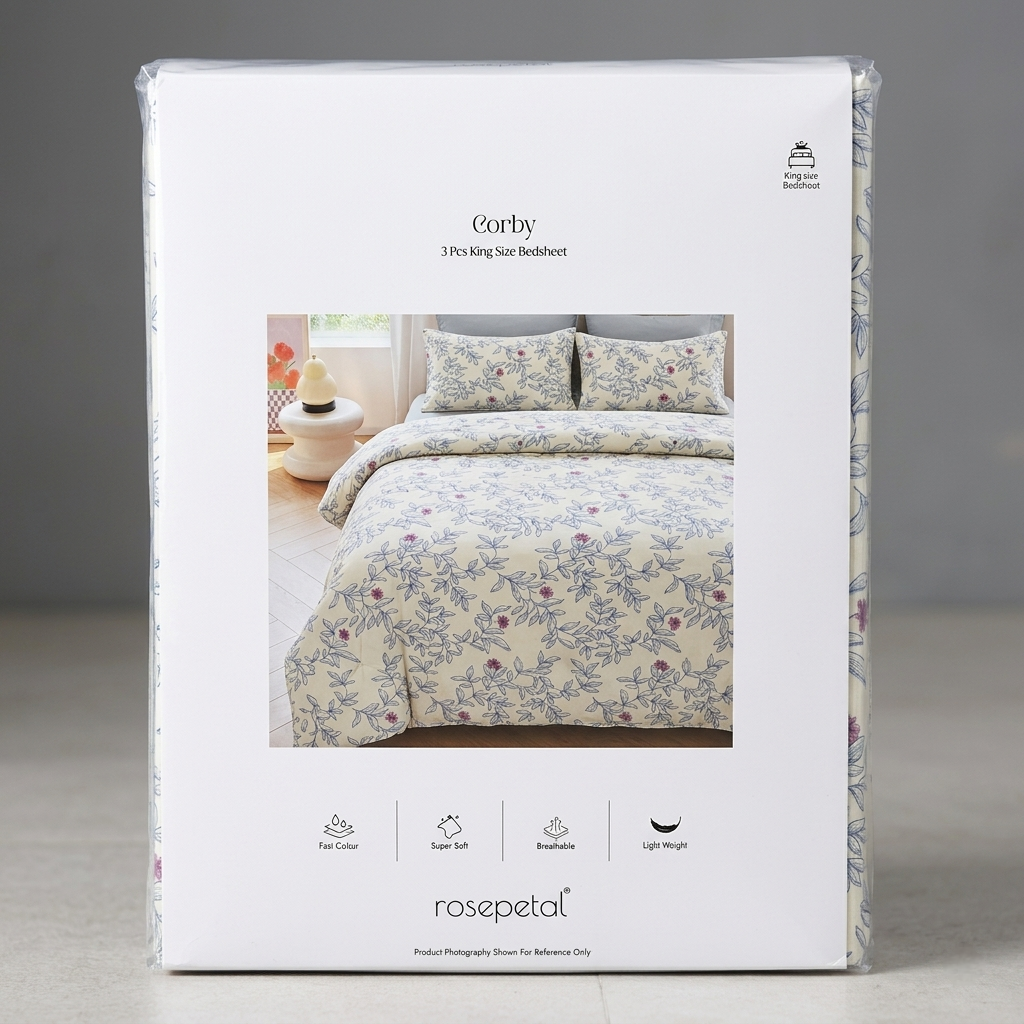 Rosepetal Corby 3 Pcs King Size Bedsheet – Floral Pattern on Off-White Fabric