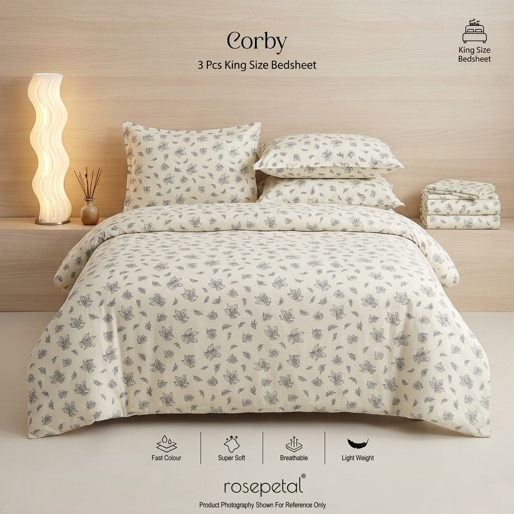 Rosepetal Corby 3 Pcs King Size Bedsheet – Floral Pattern on Off-White Fabric