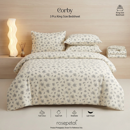 Rosepetal Corby 3 Pcs King Size Bedsheet – Floral Pattern on Off-White Fabric