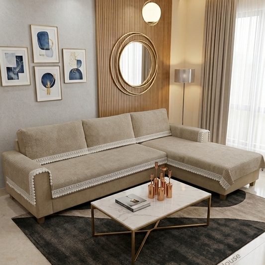 Elegant Beige Waffle Textured Sofa Cover with Floral Lace Border (Beige) 27 inch